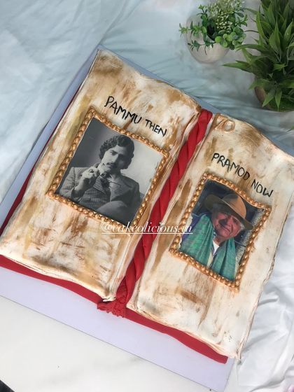 An open book cake created to celebrate a life story. This 4kg fondant cake features "Then" and "Now" photos, telling a beautiful story of time and memories.