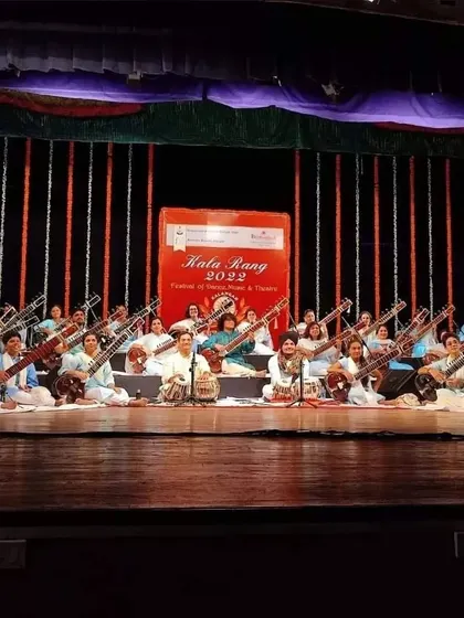 The full Sitar Symphony, led by Pt. Ravi Chary ji, on stage at the Kala Rang festival in Goa. Being part of such a grand and unique orchestral arrangement was incredible.