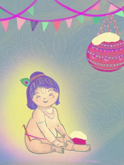 In this version, I played with a more magical color scheme of pinks and purples. It gives the sweet Janmashtami scene a dreamy and celestial quality.