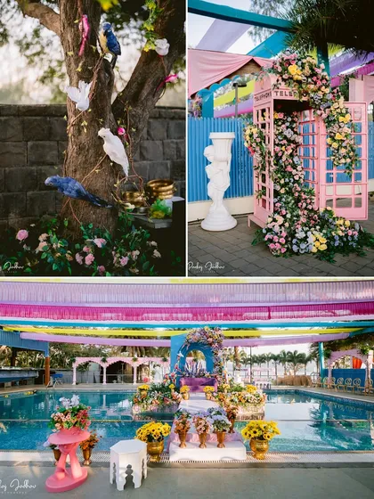 A glimpse into the whimsical and colorful decor of Laxmi and Roshan's poolside Haldi ceremony.