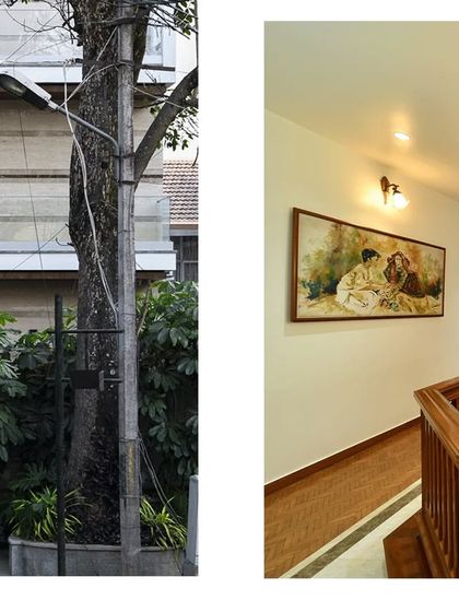 A collage showing the exterior and interior of a house designed to feel "Lived but also Luxe," with clean lines and an elegant material palette.