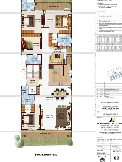 The typical floor plan for a 355 sq. yard plot, designed for our client Mr. Ravi Agnihotri. The layout includes four bedrooms with attached toilets, a large drawing/dining area, and a spacious kitchen, ensuring every square inch is utilized effectively.