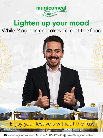 Lighten up your mood while I take care of the food. This image of a happy client in front of a buffet setup shows how I let you enjoy your festivals and events without the fuss.