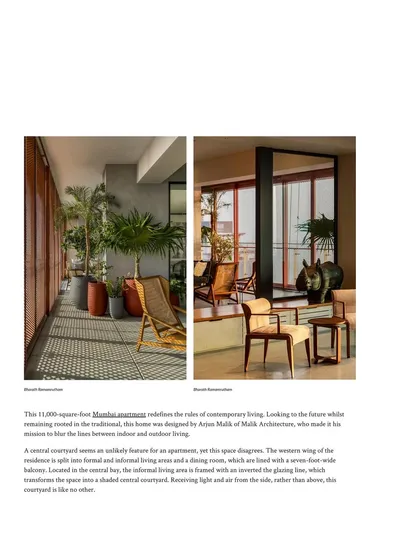 A media feature showcasing the indoor-outdoor living concept at Sampurna Residence, where a shaded balcony with plants functions as an extension of the interior living space.