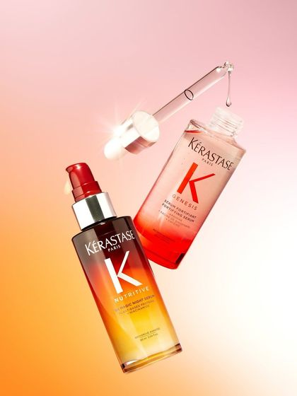 A product shot of Kérastase's Nutritive and Genesis lines, which we use in our salon to address concerns like dryness and hair fall.