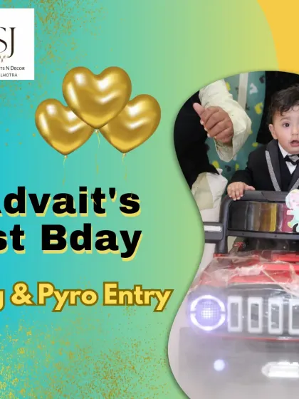 Making a grand entrance! The birthday boy arrives in style with a special fog and pyro entry at his Cocomelon-themed first birthday party. We specialize in creating these memorable moments.