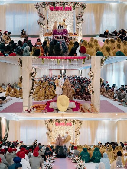 A collage capturing the scale and serenity of the Anand Karaj ceremony inside the Gurudwara, with the couple surrounded by their loved ones.