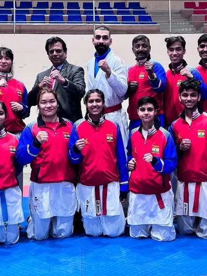 The KIO Indian Karate team with our guest coach from Iran, Mr. Saleh Abazari, at the Nepal training camp. This photo showcases the elite group of athletes selected for this advanced international exposure.