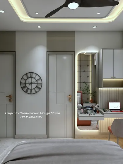 This bedroom features a hidden dressing table with a mirror, cleverly integrated into the wall design. The clock and simple door designs add to the room's modern, uncluttered feel.
