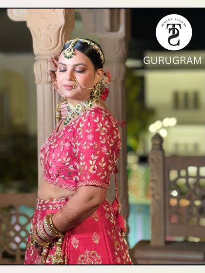 For this beautiful bride in Bharatpur, I created a soft glam look with a focus on a radiant complexion and rosy tones to complement her stunning pink lehenga.