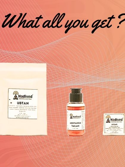 This image clearly displays the three essential items you get in the Abhyanga Snan set: the herbal Ubtan powder, the nourishing Abhyanga Tailam oil, and the brightening Kesar soap.