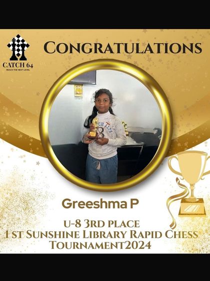 A round of applause for Greeshma P, who took 3rd place in the U-8 category at the 1st Sunshine Library Rapid Chess Tournament. We are proud of our young rising stars.