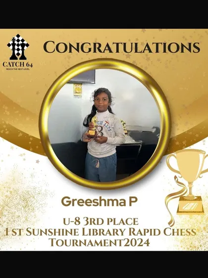 Congratulations to Greeshma P for her 3rd place finish in the U-8 category at the 1st Sunshine Library Rapid Chess Tournament.