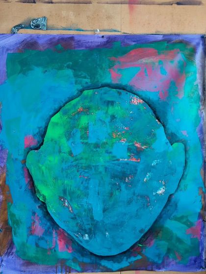 "The Head of a Child." On some days, I can't paint anything else. This abstract piece is my response to the horrors I see in the world, specifically the violence against children in Rafah. No religion is worth a child's head.
