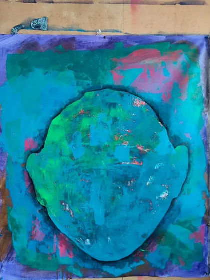 "The Head of a Child." On some days, I can't paint anything else. This abstract piece is my response to the horrors I see in the world, specifically the violence against children in Rafah. No religion is worth a child's head.