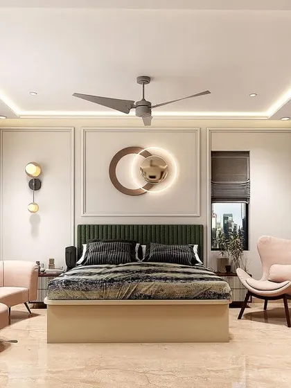 The other side of the Emerald Isle master bedroom render, featuring a green headboard, a cozy chaise lounge, and soft, blush-pink accent chairs.