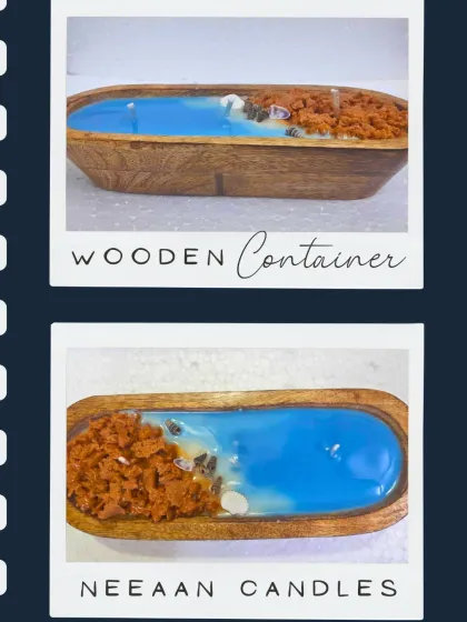 A top-down view of our ocean-themed candle, highlighting the wooden container and wax "sand."