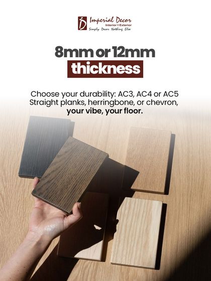 With laminate flooring, you can choose your durability. We offer it in 8mm or 12mm thickness and different abrasion grades like AC3, AC4, or AC5 for varying levels of foot traffic. You can also pick your style with straight planks, herringbone, or chevron patterns. Your vibe, your floor.