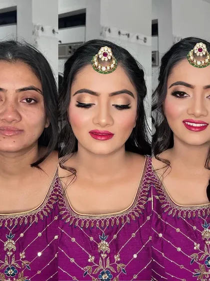 The magic of makeup is in revealing the beauty that's already there. This before and after shows a complete transformation, using color correction and airbrush foundation to create a flawless, even-toned complexion for a stunning Roka ceremony look.