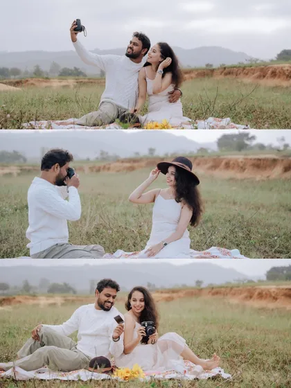 A collage showing the various activities during a picnic shoot, from taking selfies to posing with props like a hat.