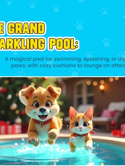 Welcome to our grand sparkling pool. It's a magical place for swimming and splashing, with cozy cushions nearby for lounging and relaxing afterward.