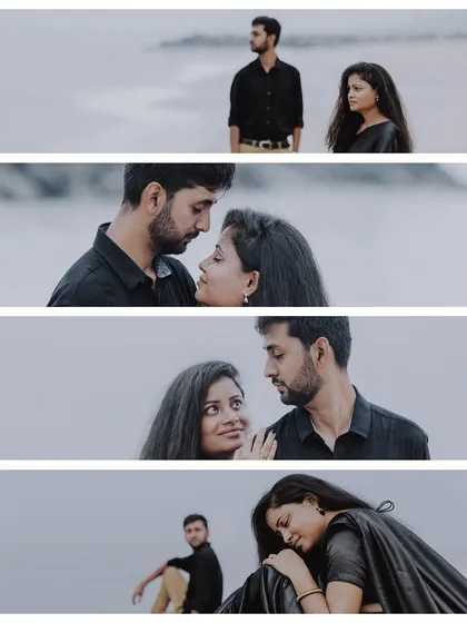 A collage of a couple in black outfits sharing intimate moments against a minimalist, moody backdrop.