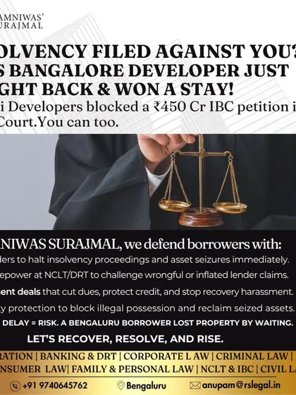When insolvency is filed against you, you can fight back. Mantri Developers successfully blocked a 450 crore rupee IBC petition in the High Court. We defend borrowers by seeking stay orders, negotiating settlements, and blocking illegal property possession.