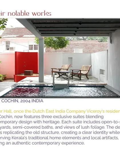 A duplicate image of the Stuber Hall feature, emphasizing its recognition as a notable work of adaptive reuse. The project successfully transformed a Viceroy's residence into exclusive suites with open-to-sky courtyards and semi-covered baths.
