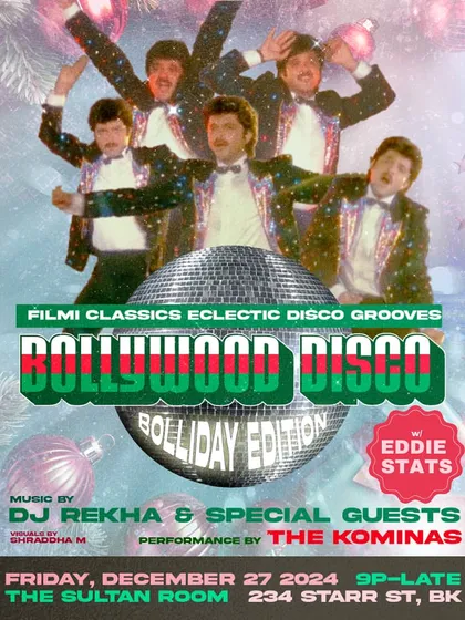 The official poster for our Bollywood Disco: Bolliday Edition. My event production includes creating vibrant, retro-inspired artwork that captures the theme of the night.