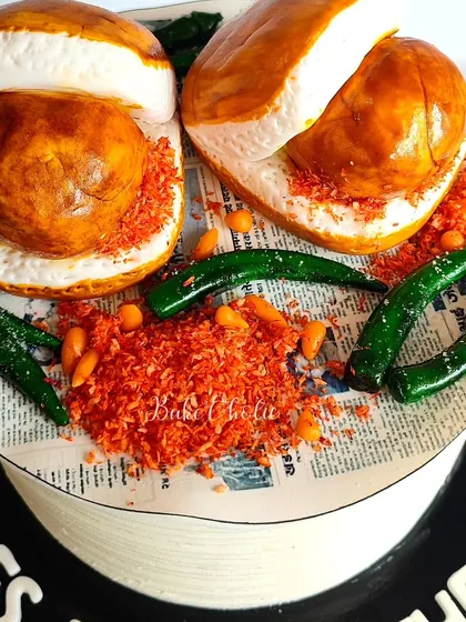 Yes, that's a Vada Pav cake! I love a creative challenge, and this was so much fun to make. Every detail, from the fluffy 'pav' to the spicy 'chutney' made of desiccated coconut, is completely edible and designed to surprise and delight.