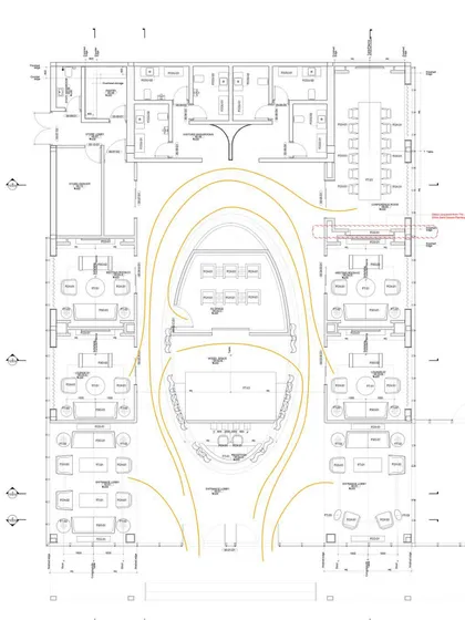The yellow lines on this floor plan highlight the intended circulation path, designed to feel intuitive and natural. We shape visitor movement through spatial arrangement rather than signage, creating a fluid and uninterrupted journey through the brand's story.
