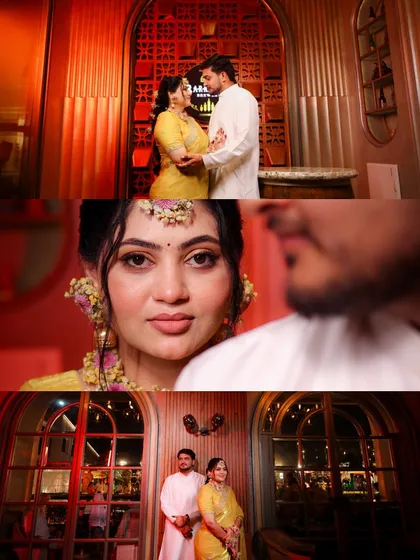 A collage of moments from the haldi ceremony, capturing the joy, love, and beautiful decor.