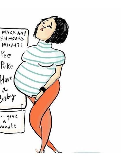This humorous cartoon perfectly captures the feeling of the third trimester. Every sudden move comes with a list of potential consequences, a relatable moment for many expectant mothers.
