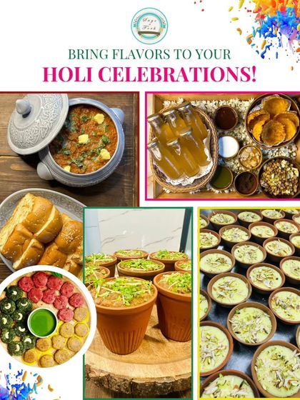 Bring flavors to your Holi celebrations with our special menu. This collage features Holi favorites like Pav Bhaji, Kebab Platters, Thandai, and Phirni.