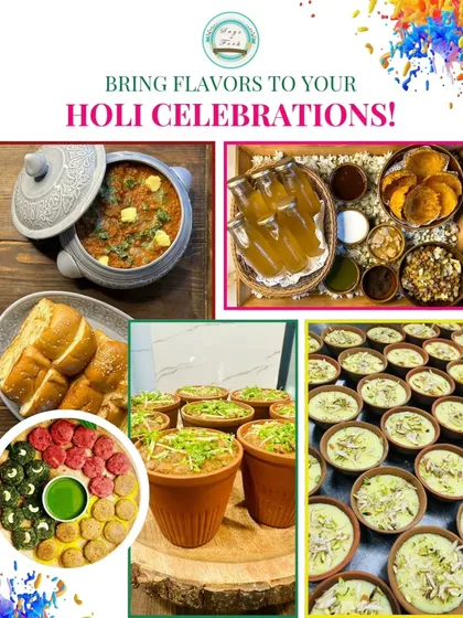 Bring the colors of Holi to your food with my special festive menu. This collage shows some of my Holi favorites, including Thandai in kulhads, Pav Bhaji, and colorful kebab platters, perfect for a vibrant party.