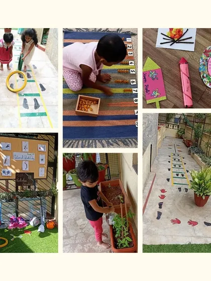 This collage captures the essence of our authentic Montessori approach. You can see children engaged in practical life skills like gardening, sensorial activities, and movement exercises that encourage holistic development.