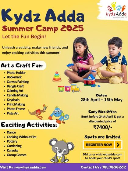 A detailed flyer for our 2025 Summer Camp, outlining the art & craft projects, exciting activities like dance and pottery, and an early bird offer.