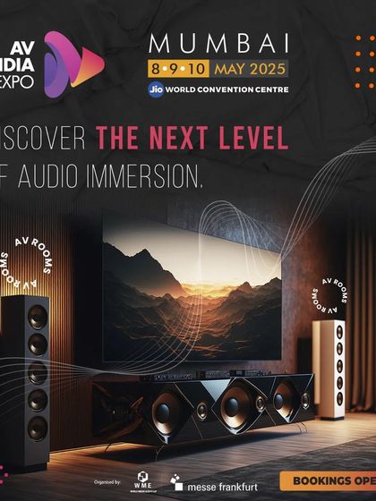 A promotional graphic for the AV India Expo demo rooms, inviting attendees to discover the next level of audio immersion.