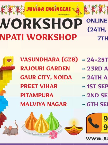 This promotional image lists the full schedule for our LEGO Ganpati workshops, both virtual and in-person, and provides contact numbers for easy registration.