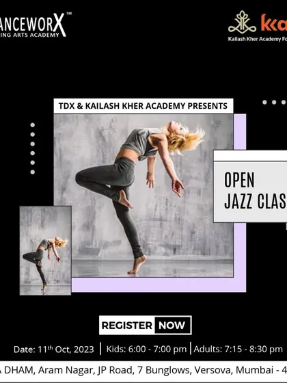 An announcement for our first open drop-in Jazz class in collaboration with the Kailash Kher Academy. We are always looking for new ways to expand our community and share our love for dance.