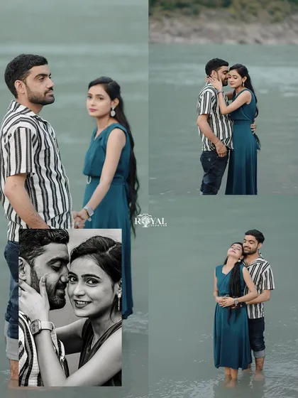 A four-panel collage with a mix of color and monochrome, capturing the deep connection between a couple standing in the river.