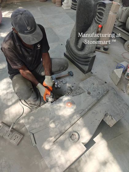 The manufacturing process of a 3-foot granite Ganesha abstract sculpture. This piece, weighing around 130 kg, is designed for both indoor and outdoor placement.