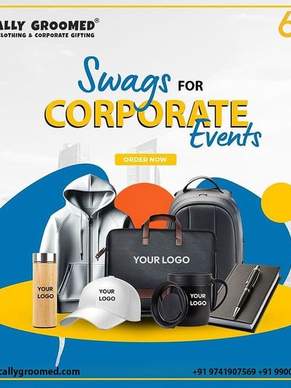 We provide custom swag for all kinds of corporate events. This graphic displays a variety of items we can brand, including hoodies, backpacks, laptop bags, caps, mugs, and stationery.