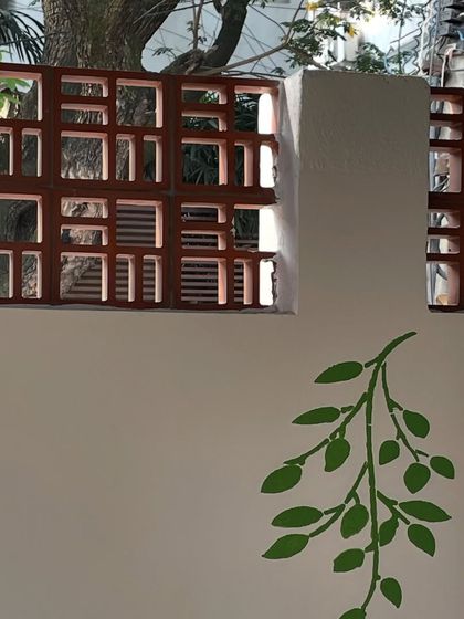 The view from inside the studio, looking out through the decorative jaali brickwork. It is a peaceful and inspiring place to sit and stitch.