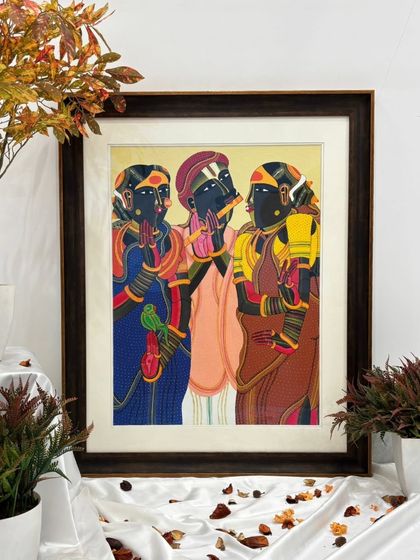 Another stunning zardozi work after Thota Vaikuntam, where our framing choices—a dark wood frame and a multi-layered white mount—highlight the rich colors and tactile nature of the silk and velvet threads.