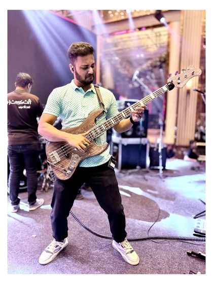 Our bassist getting into the groove during a pre-show rehearsal.