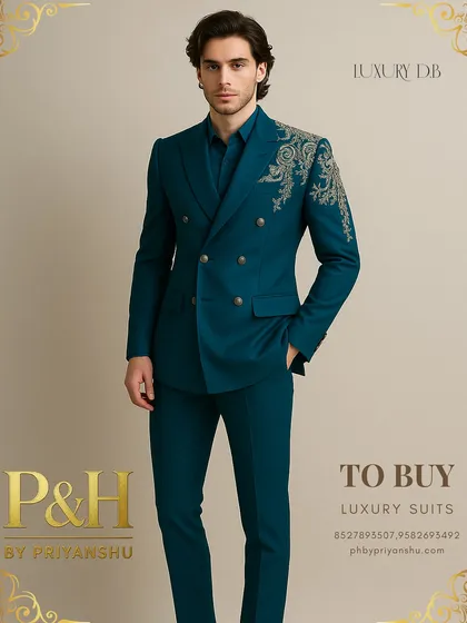 A full view of the bespoke peacock blue double-breasted suit. The hand-embroidery on the shoulder adds an artistic flair to this modern, powerful silhouette.