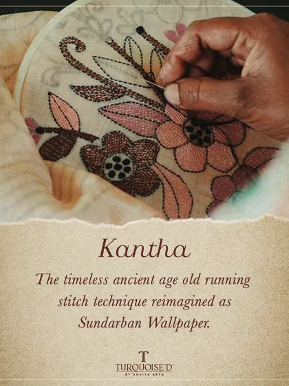 The Sundarban Wallpaper is inspired by Kantha, the timeless running stitch technique from Bengal. I have reimagined this ancient craft to create a wallpaper that tells stories through its detailed, embroidered textures.