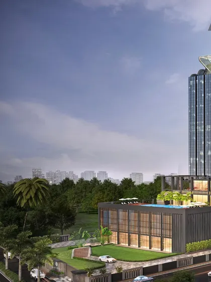 A view of the Pullman Hotel's lower levels, which include a pool and outdoor event spaces. The design blends contemporary elegance with functional grandeur for a complete hospitality experience.