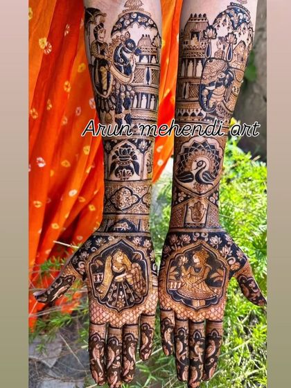 A bold design with high contrast, featuring bride and groom portraits, a doli scene, and a peacock.